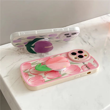 Flower Bracket Ring Holder Stand Soft Phone Case for iphone 13 14 Pro Max 12 MiNi 11 XR X XS 7 8 plus 6 SE Lens Protective Cover