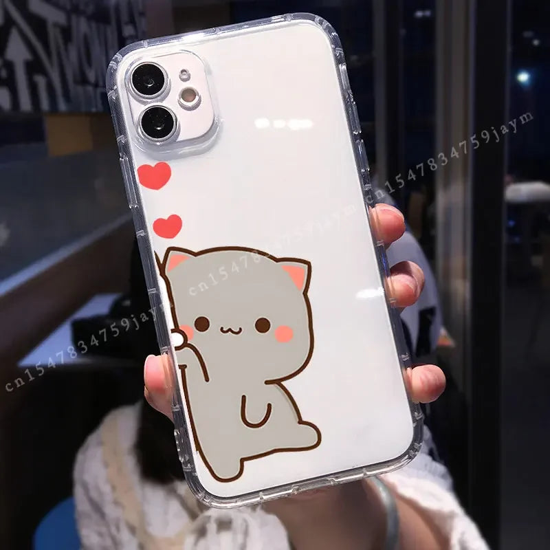 Cute Peach Mochi Cat Couple Phone Case For iPhone 12 11 Pro MAX 13 XS XR 7 15 X 14 8Plus Lover Pairs Shockproof Soft Cover Shell