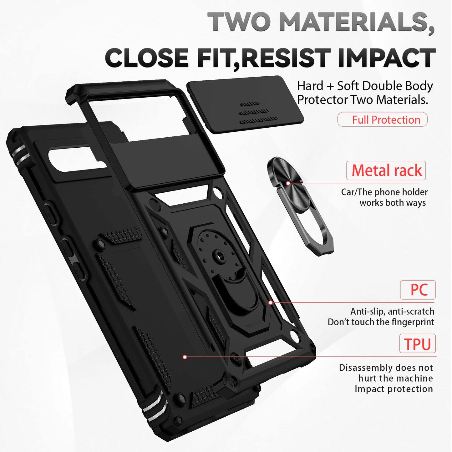 Military Slide Push Window Armor Shockproof Case For Google Pixel 6A 6 7 Pro Metal Ring Holder Camera Lens Protection Back Cover