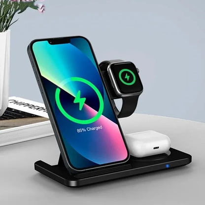 an apple watch and an airpods charging station on a desk