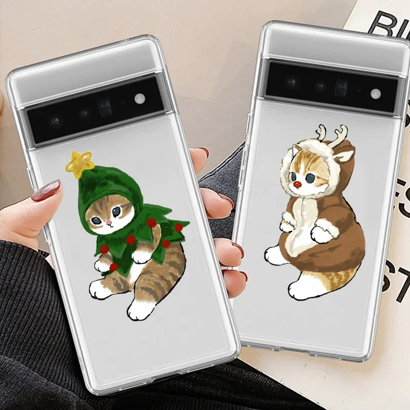 Funny Cute Cat Couple Phone Case for Google Pixel 6 Pro Merry Christmas Cover for Pixel 7 8 Pro Pixel 6Pro Transparent Funda