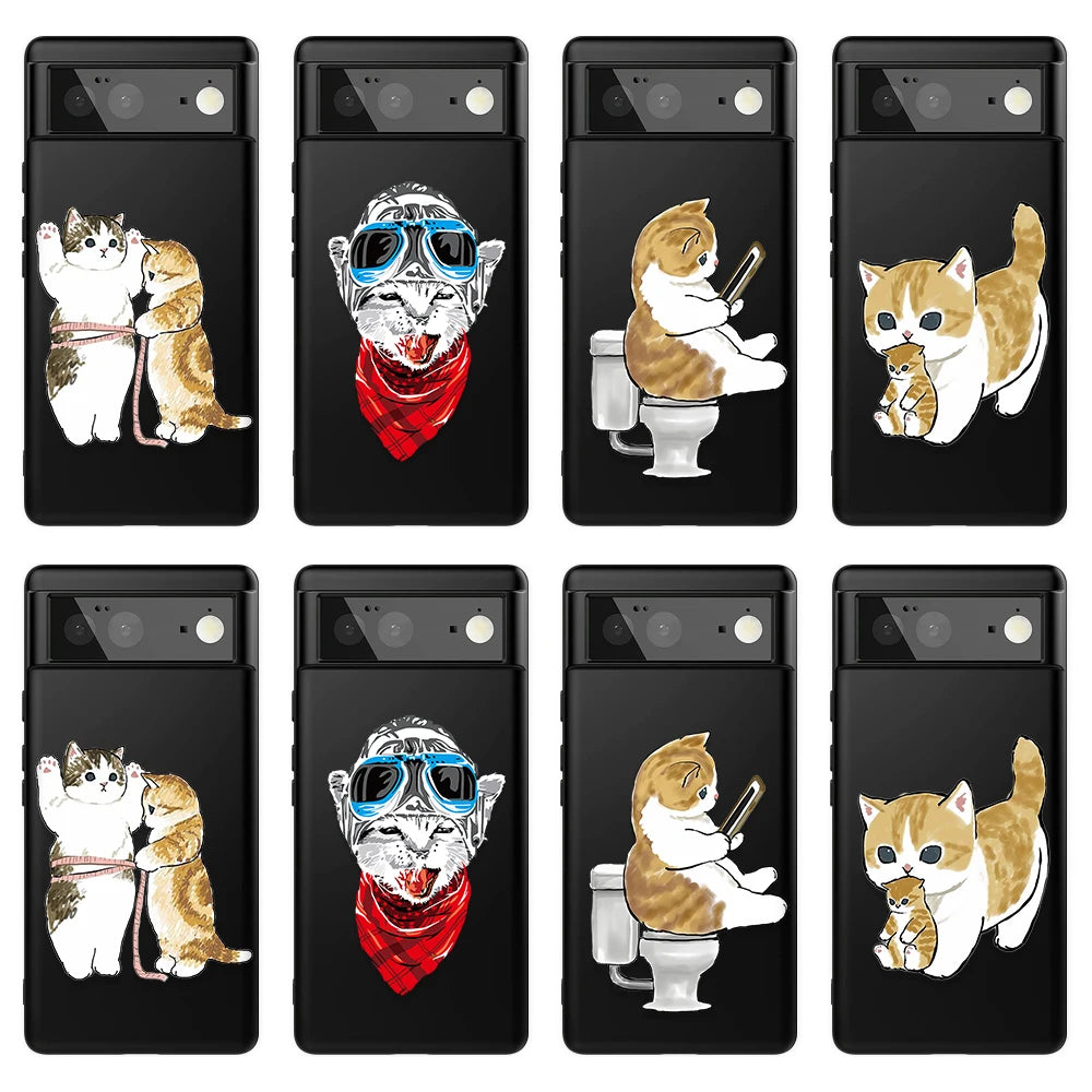 Pet Cat Black Phone Case For Google Pixel 7a 6 7 Pro 6a 4a 5a 5G 4 4XL 3 3a XL Cartoon Kitten Cases Soft Silicone TPU Cover Capa