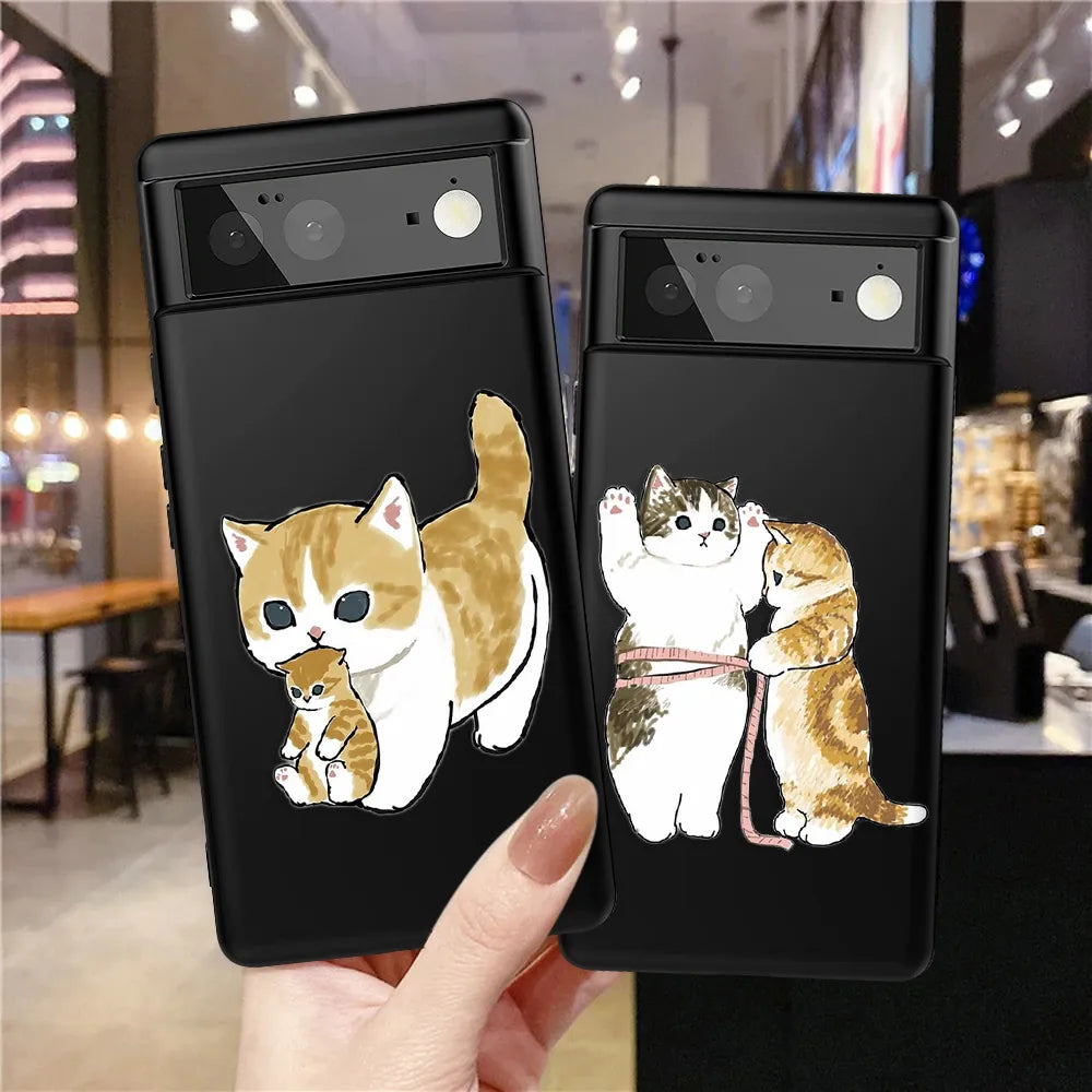 Pet Cat Black Phone Case For Google Pixel 7a 6 7 Pro 6a 4a 5a 5G 4 4XL 3 3a XL Cartoon Kitten Cases Soft Silicone TPU Cover Capa