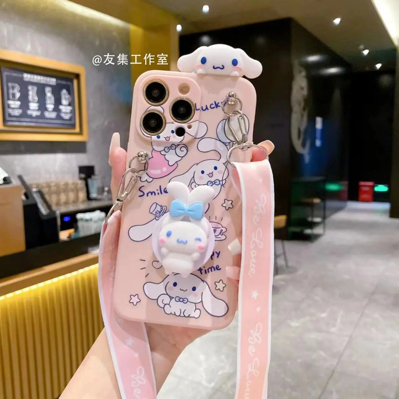 Sanrio Cinnamoroll With Lanyard Holder Phone Cases For iPhone 15 14 13 12 11 Pro Max Mini XR XS MAX 8 X 7 SE Plus Silicone Cover