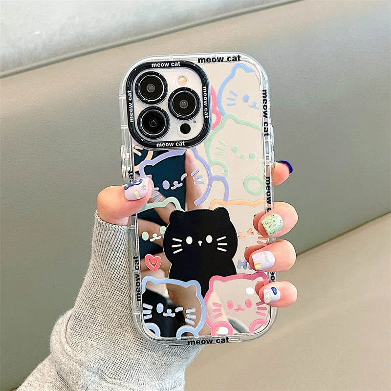 Plating Mirror Painted Lines Cute Cat Phone Case For iPhone 14 13 11 12 15 Pro Max Soft Bumper Silicone Hard Cover Capa