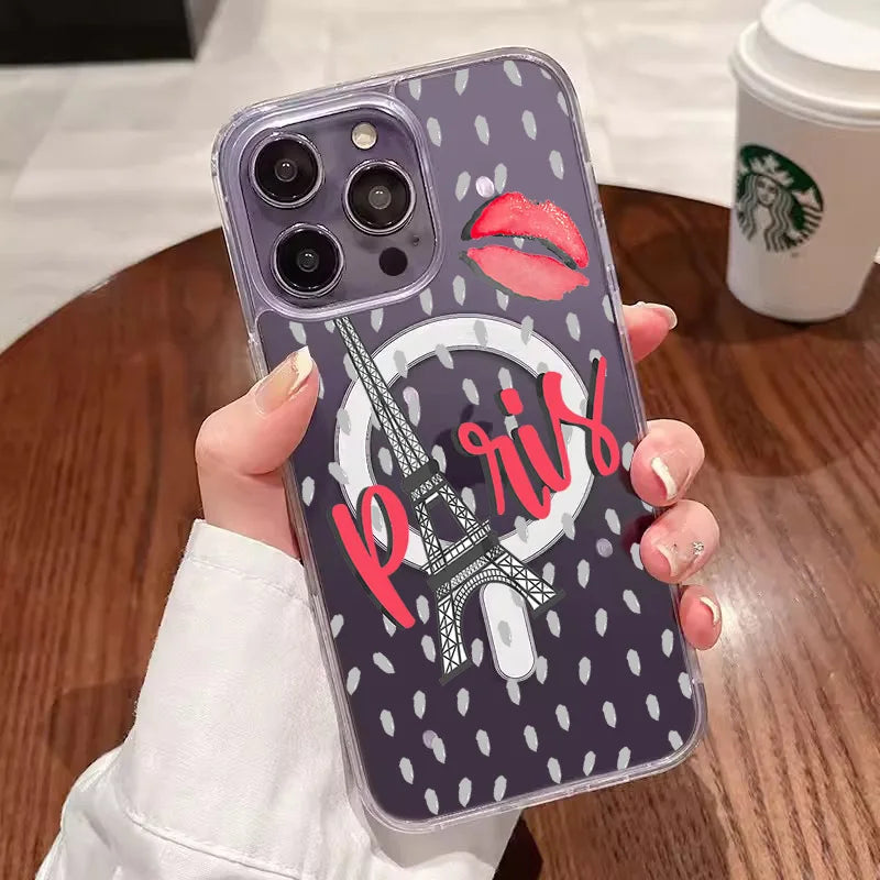 Fashion Paris Tower Red Lips Magnetism Phone Case For iPhone 14 13 12 11 X XS XR Pro Max 14Plus Shockproof Acrylic Back Cover