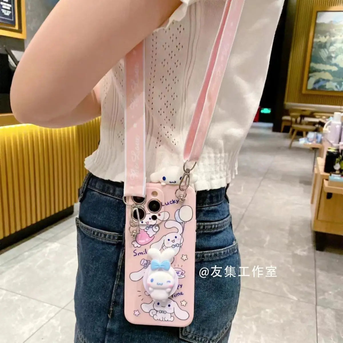 Sanrio Cinnamoroll With Lanyard Holder Phone Cases For iPhone 15 14 13 12 11 Pro Max Mini XR XS MAX 8 X 7 SE Plus Silicone Cover