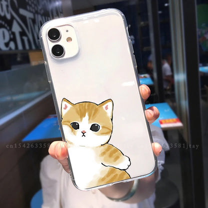Plain Lovers Pairs Cartoon Cat Pattern Transparent Cover Phone Case Skin for IPhone 11 12 13 14 15 Pro Max X XS XR 7 8 Plus Mini