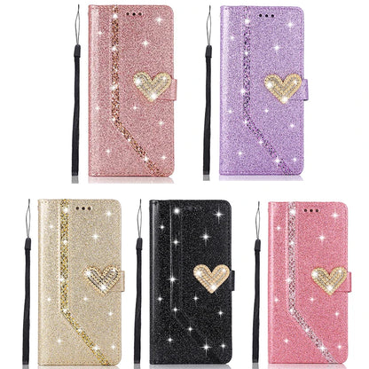 Shiny Case For Samsung Galaxy S23 S22 S21 FE S20 Ultar S9 S10 Plus A12 A13 A14 A52 A53 A72 A73 A51 A71 Wallet Flip Leather Case