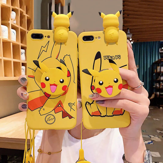 For iPhone 6 6s 7 8 X Xs Max XR 11 12 13 14 15 Pro Max SE Pokemon Pikachu Phone Case With Holder Rope