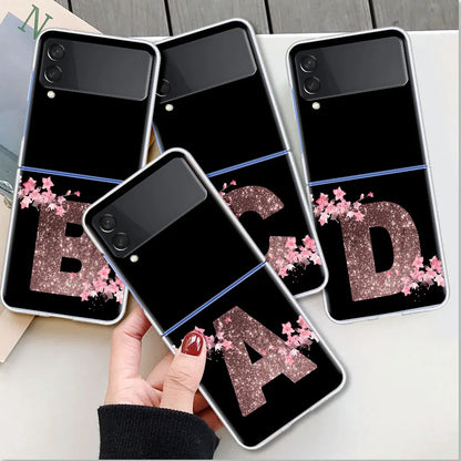 Flower Letter Pink Fashion Initial Case For Samsung Galaxy Z Flip 3 4 5G Funda Z Flip5 Clear PC Hard Back Phone Coque Shell