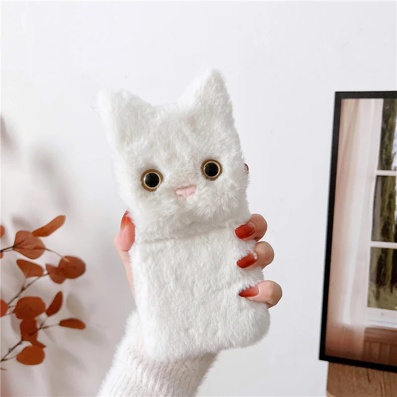 3D Cute Cat Funny Fur Fluffy Soft Phone Case for Samsung Galaxy Z Flip 4 3 2 1 Zflip Flip4 Flip3 5g Girl Plush Cover Accessories