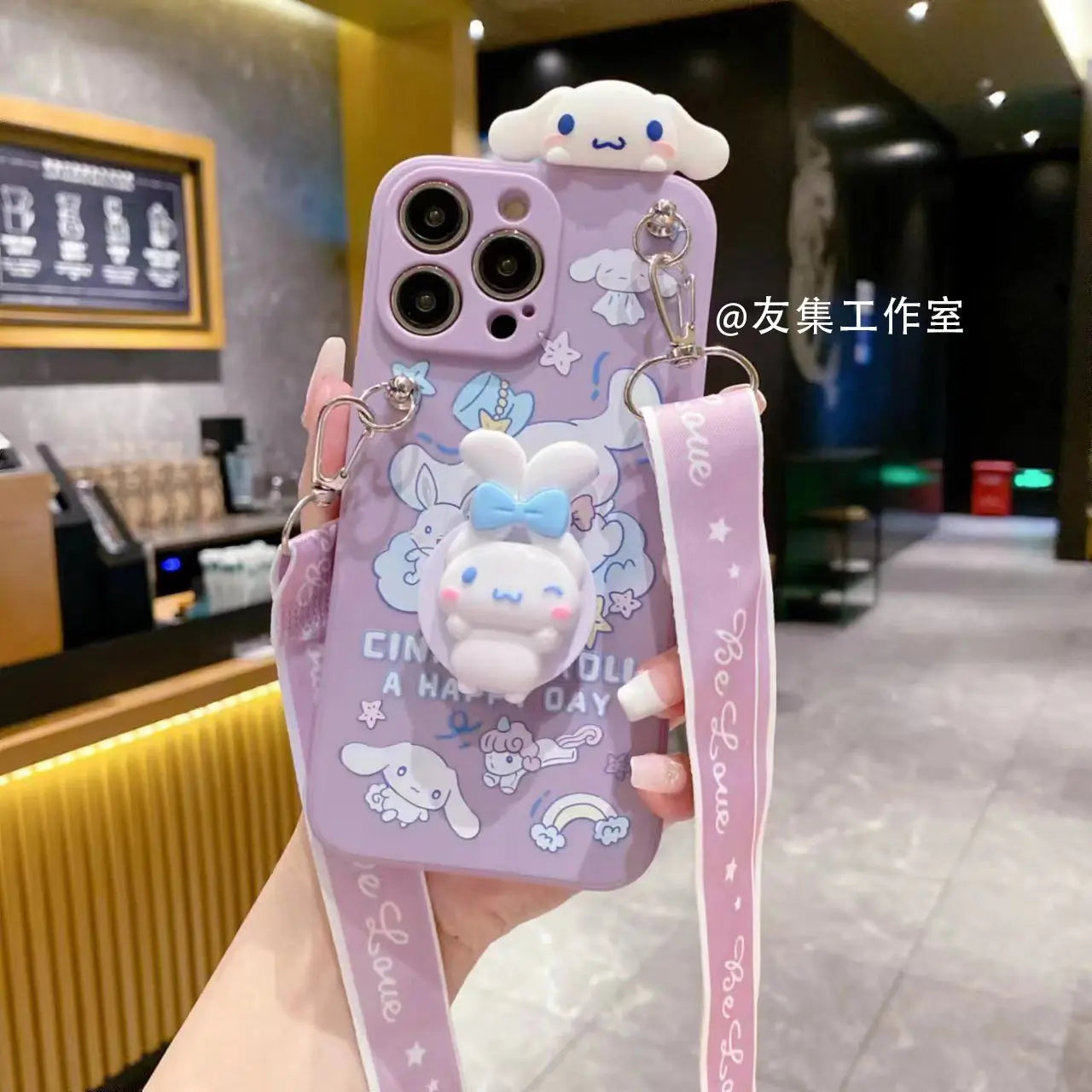 Sanrio Cinnamoroll With Lanyard Holder Phone Cases For iPhone 15 14 13 12 11 Pro Max Mini XR XS MAX 8 X 7 SE Plus Silicone Cover