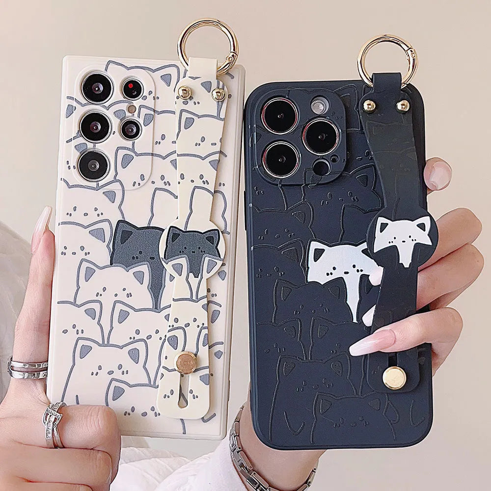 SoCouple Cat Wrist Strap Case For Samsung S23 S22 S21 S20 FE Plus Ultra Note 10 20 Bear Soft Silicone Skin Phone Holder Cover