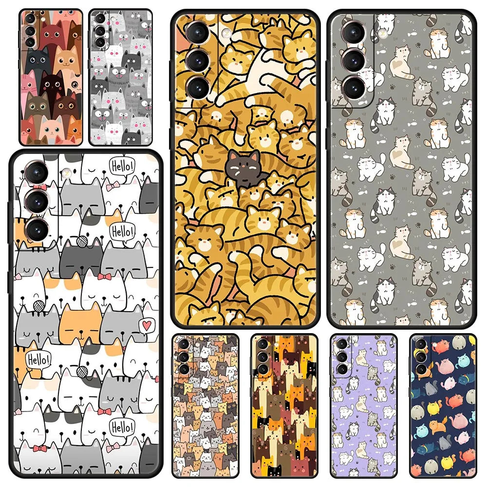 Cartoon Cute Cats Background Phone Case For Samsung Galaxy S22 S20 FE S21 Ultra 5G S9 S8 S10 Plus S10E Note 10 Lite 20 Cover