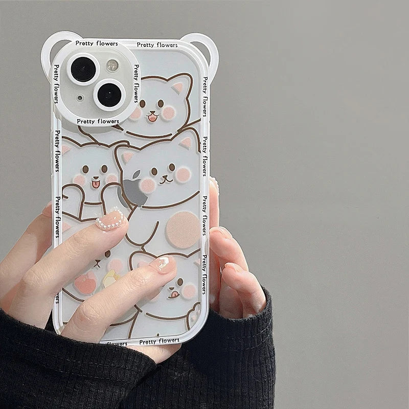 Cute Bear With Lanyard Phone Case For iPhone 14 13 11 12 Pro Max XS X XR 8 7 15 14 Plus Cartoon Cat Soft TPU Cover Bumper