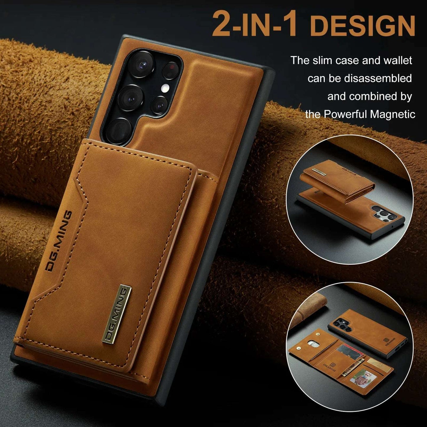 a brown leather case with a card slot