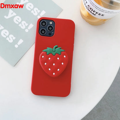 3D Luxury Cartoon fruit Holder Cover for iPhone 13 12 MiNi XS 11 Pro Max X XR 6 6S 7 8 plus SE 5 5S Case Phone Holder Cute Peach