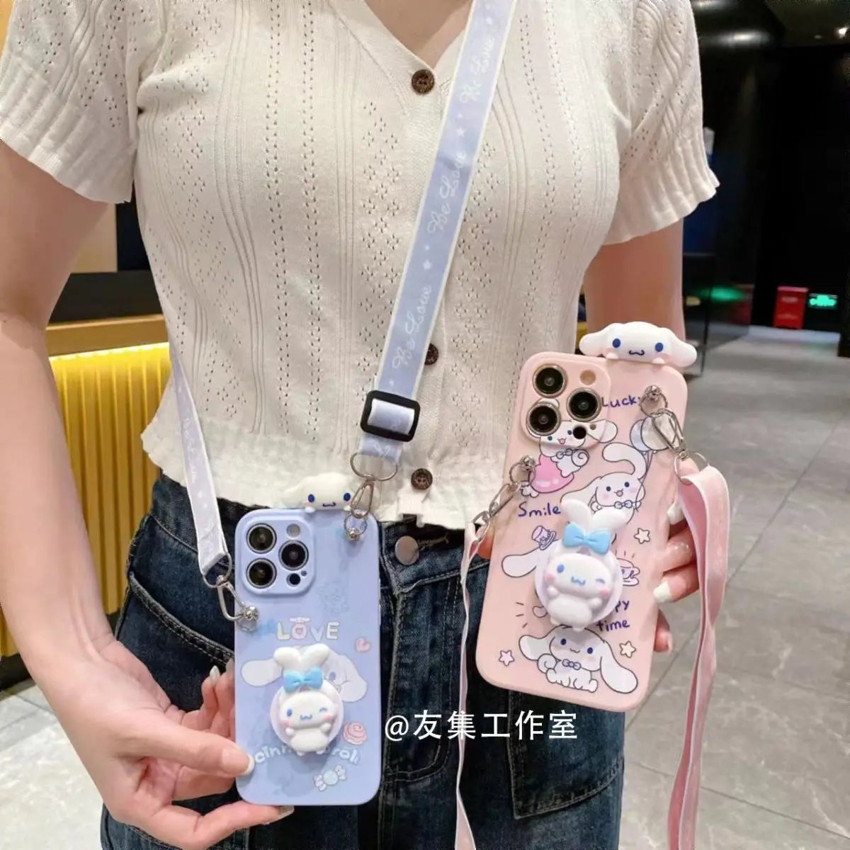 Sanrio Cinnamoroll With Lanyard Holder Phone Cases For iPhone 15 14 13 12 11 Pro Max Mini XR XS MAX 8 X 7 SE Plus Silicone Cover