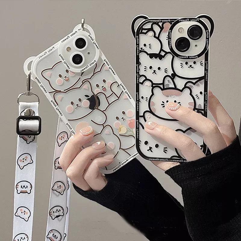 Cute Bear With Lanyard Phone Case For iPhone 14 13 11 12 Pro Max XS X XR 8 7 15 14 Plus Cartoon Cat Soft TPU Cover Bumper