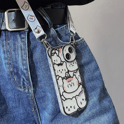 Cute Bear With Lanyard Phone Case For iPhone 14 13 11 12 Pro Max XS X XR 8 7 15 14 Plus Cartoon Cat Soft TPU Cover Bumper