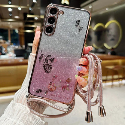 Crossbody Lanyard Glitter Flower Case For Samsung Galaxy A54 A34 A24 A14 A04 A04S A04E A53 A73 A33 A23 A13 A03 Core Soft Cover