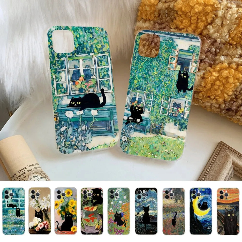 Black Cat Cartoon Cute Phone Case For iPhone 14 13 12 Mini 11 Pro XS Max X XR SE 6 7 8 Plus Soft Silicone Cover
