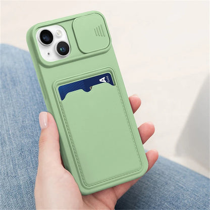 Slide Camera Protection Card Holder Wallet Phone Case For iPhone 15 14 13 Pro Max 12 11 X XR XS Max 7 8 Plus Soft Silicone Cover