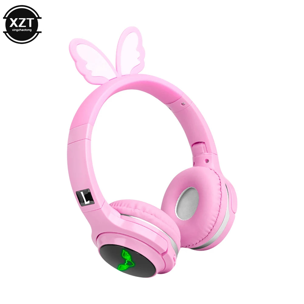 Cute Cartoon Butterfly Bluetooth 5.0 Wireless Headset 7 Color Band LED Lamp Headset Support SD Card Headset Music Game Headset