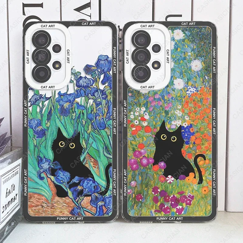 Funny Cat Art Case For Samsung Galaxy S20 Plus S21 FE S22 S23 Ultra A53 A52 A54 A33 Claude Monet Van Gogh Water Lilies Irises