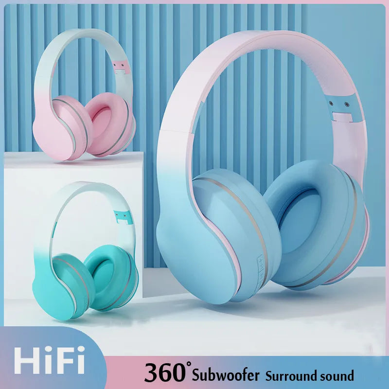 Headset Bluetooth Headphone Wireless Music  Gradient Color with Mic Gamer Earphone Kids Lovely Christmas Gifts