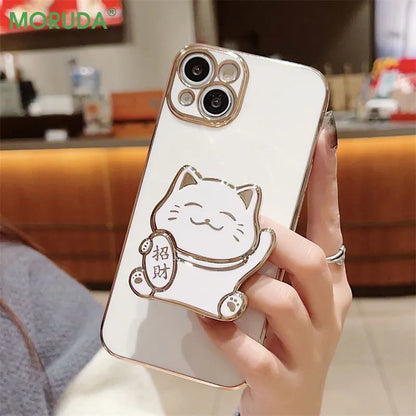 Lucky Cat Folding Stand Silicone Phone Case for iPhone 15 14 13 12 11 Pro Max Mini 7 8 Plus XR X Xs Max Luxury Plating Soft Case