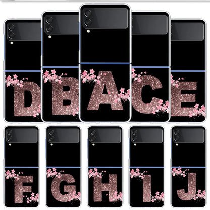 Flower Letter Pink Fashion Initial Case For Samsung Galaxy Z Flip 3 4 5G Funda Z Flip5 Clear PC Hard Back Phone Coque Shell