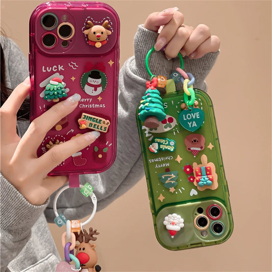 Korean Cute Cartoon Christmas Elk Pendant Case For iPhone 15 14 13 12 11 Pro Max X XR Santa Claus Keychain Soft Shockproof Cover