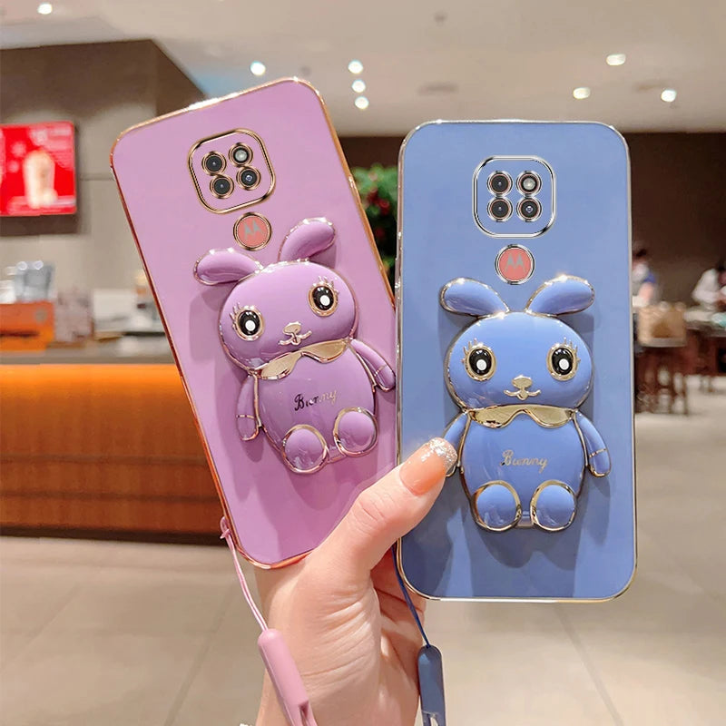 Cute Cartoon Rabbit Fold Stand For Motorola G9 Play Phone Case With Lanyard Luxury Plating Cover