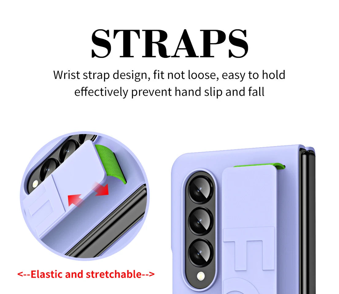 Matte Silky Hard Plastic Grip Case Strap For Samsung Galaxy Z Fold 5 4 3 2 5G Wristband Elastic Band Armor Cover For Fold3 Fold4