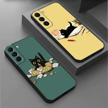 Black Cat Cartoon Cute Black Soft Case for Samsung Galaxy S21 Plus S22 Ultra 5G S10 S20 FE S9 S8 S7 Edge S10e Bumper Cover