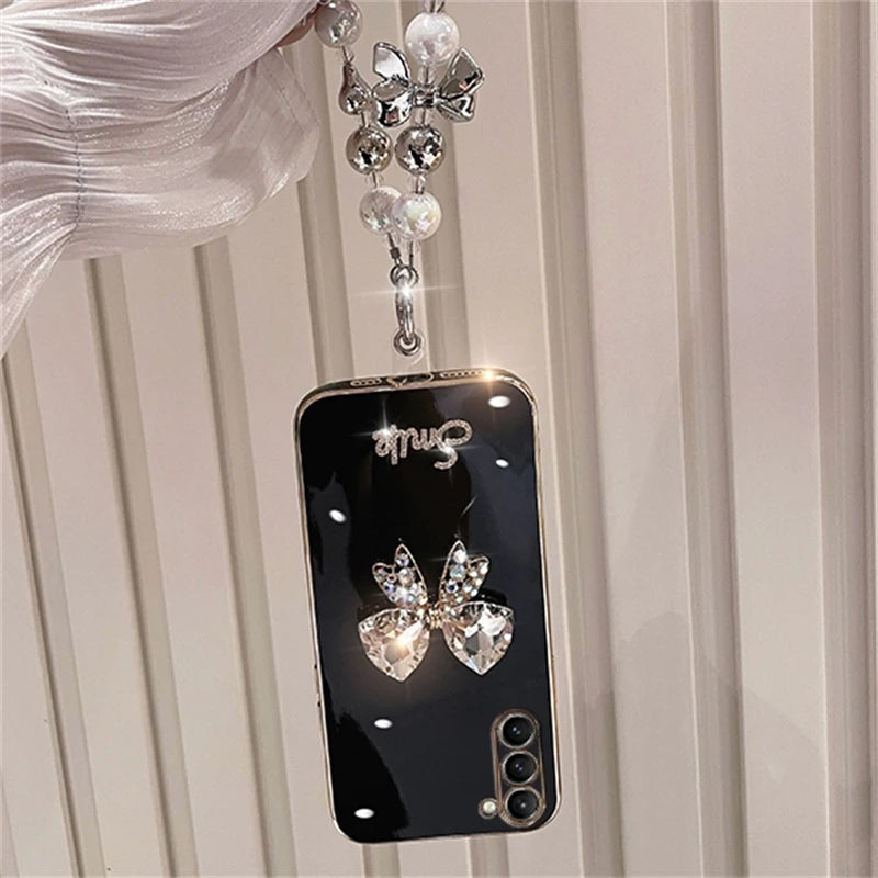 Luxury Plating Diamond Bow Wrist Chain Case For Samsung S23 S22 Ultra S21 S20 FE S10 Plus A54 A53 A52 A50 A73 A72 A34 A14 Cover