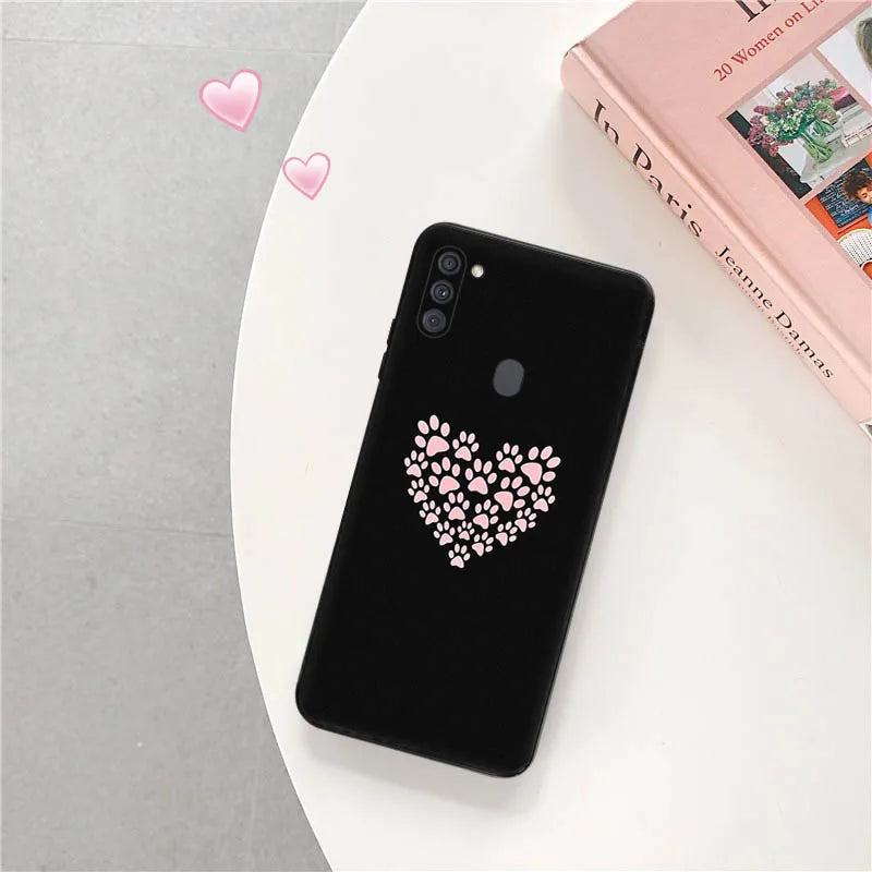 Cute Pink Dog Paw Silicone Black Phone Cases for Samsung Galaxy A54 5G A04 A03 A34 A01 A02 A50 A70 A40 A30 A20 S A10 E Cover