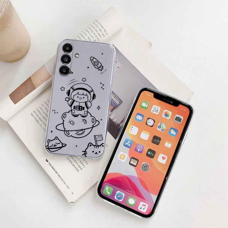 Transparent Case For Samsung Galaxy A54 5G Cover Cartoon Flowers Soft TPU Shockproof Funda For Samsung A 54 5G Bags Heart Clear