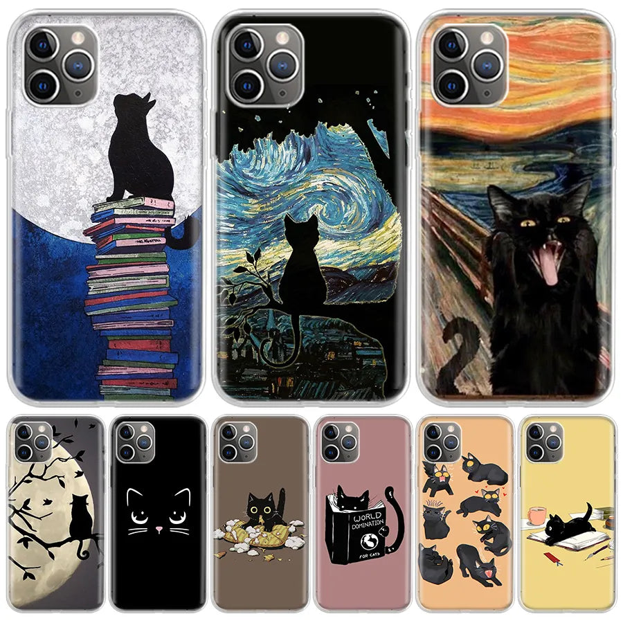 Black Cat Cartoon Cute For iPhone 11 15 13 14 Pro Max 12 Mini Phone Case X XS XR 7 Plus Ultra 6S 8 SE Apple 5S Fundas Cover Coqu