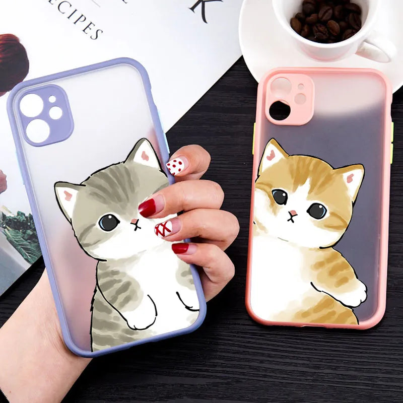 Cute Animal Cat Couple Lovers Phone Case for iPhone 11 12 13 14 Pro Max Mini 7 8 Plus SE X XR XS Max Matte Paired Covers Fundas