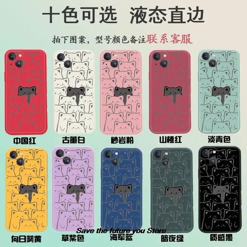 Cute Cartoon Cat Phone Cover For iPhone 11 12 13 14 15 Pro XS Max X XR 7 8 14 15 Plus Candy Color Soft Couple Silicone TPU Case