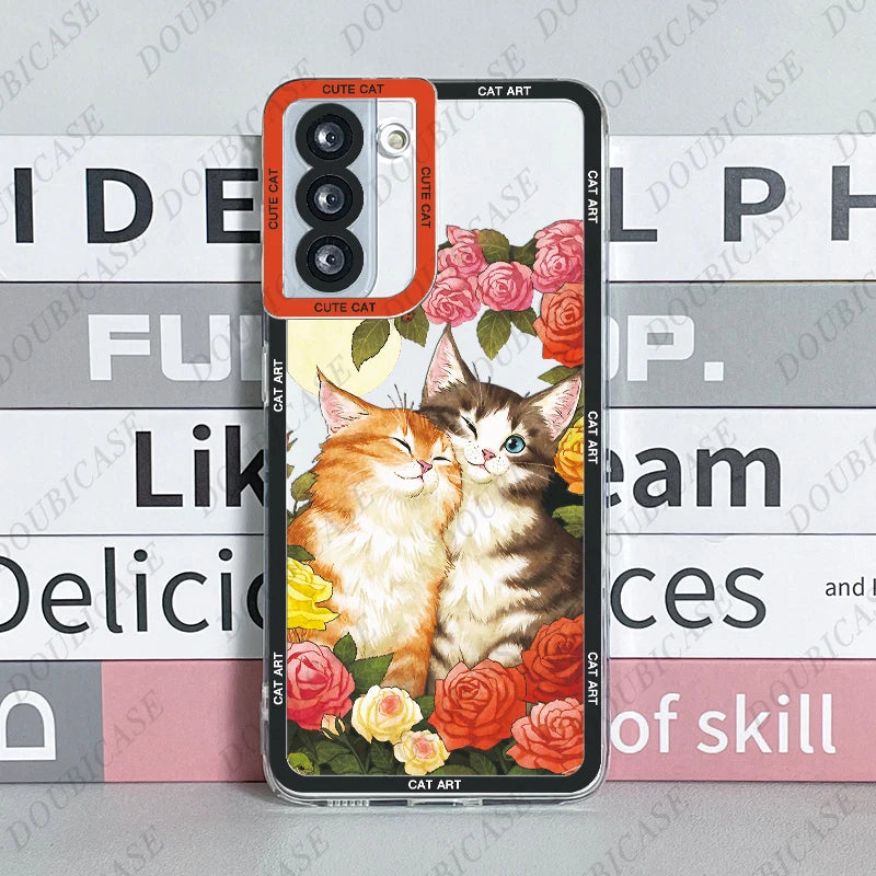 Case For Samsung Galaxy S20 S21 S22 S23 Fe Plus Ultra A13 A14 A51 A52 A54 A73 5G Cute Cat Art Funda Cover