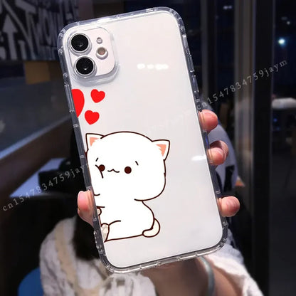 Cute Peach Mochi Cat Couple Phone Case For iPhone 12 11 Pro MAX 13 XS XR 7 15 X 14 8Plus Lover Pairs Shockproof Soft Cover Shell