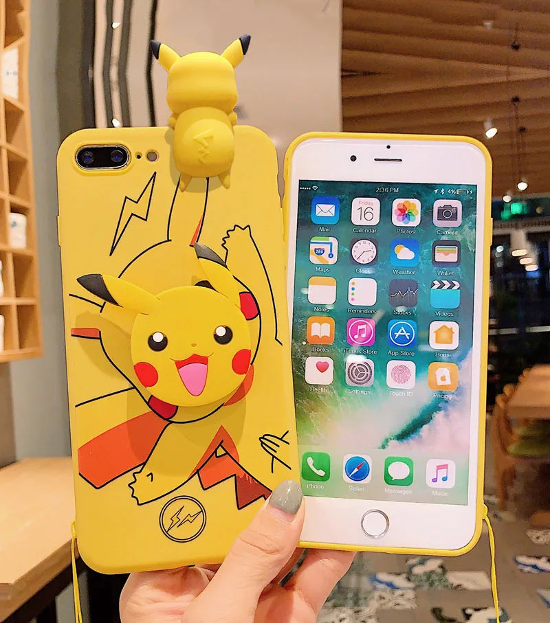 For iPhone 6 6s 7 8 X Xs Max XR 11 12 13 14 15 Pro Max SE Pokemon Pikachu Phone Case With Holder Rope