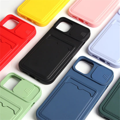 Slide Camera Protection Card Holder Wallet Phone Case For iPhone 15 14 13 Pro Max 12 11 X XR XS Max 7 8 Plus Soft Silicone Cover