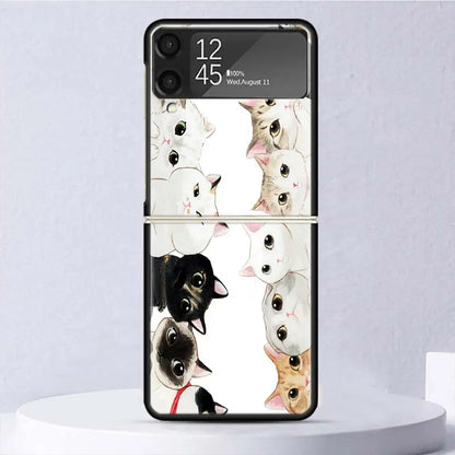 Cat Cute Kitten Cartoon Shockproof Hard Case For Samsung Galaxy Z Flip 4 5 3 5G Phone Cover Z Flip3 Flip4 Flip5 Black Fundas She