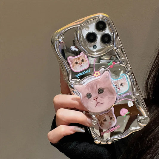 Korean Cute 3D Cat Bracket Star Plating Soft Phone Case For iPhone 15 14 13 12 11 Pro Max X XS XR Lovely Kitten Shockproof Cover