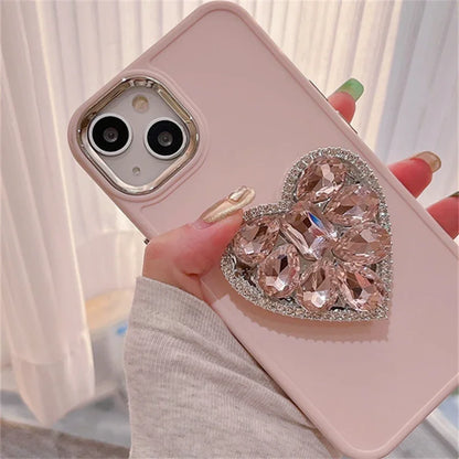 Cute Pink Diamand Love Stand Phone Case Suitable for iPhone 15, 14, 12, 13, 11 Pro Max Easy Stand Soft Silicone Cover